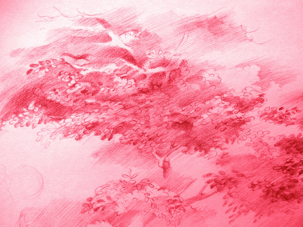  Tree, 2014, crimson red on paper, 17.5 x 23.5 inches (private collection)
